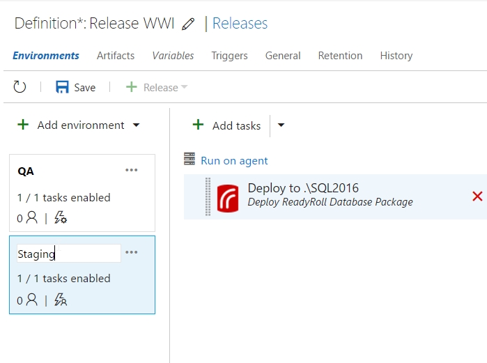 On the Definition:Release WWI / Releases page, on the Environments tab, in the left pane under Add environment, the name for the new environment is Staging.